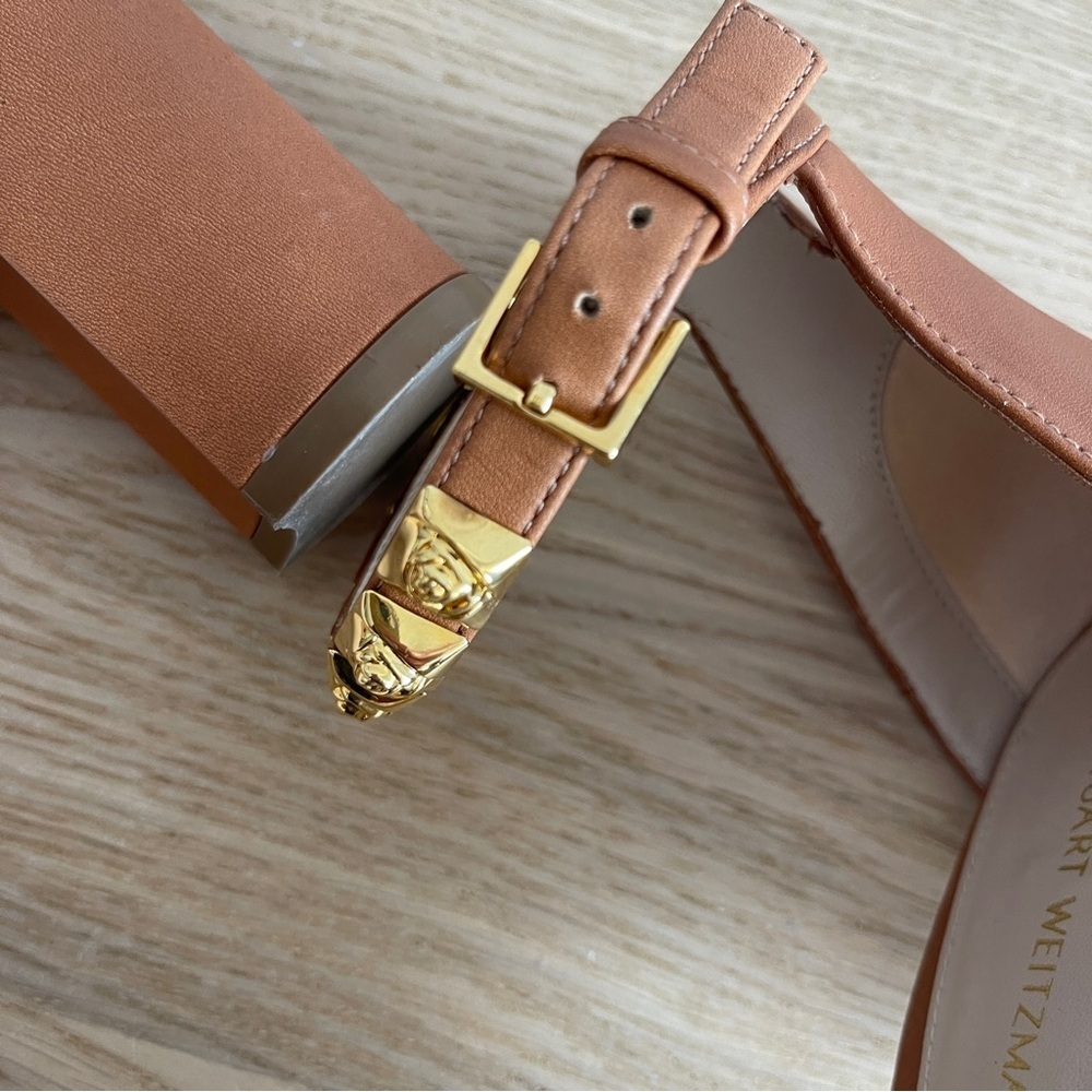 Stuart Weitzman rosemarie block heel cognac Brown Ankle Strap Sandals gold stud - Picture 7 of 12
